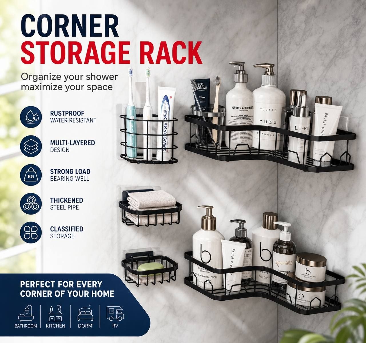 Corner bathroom rack