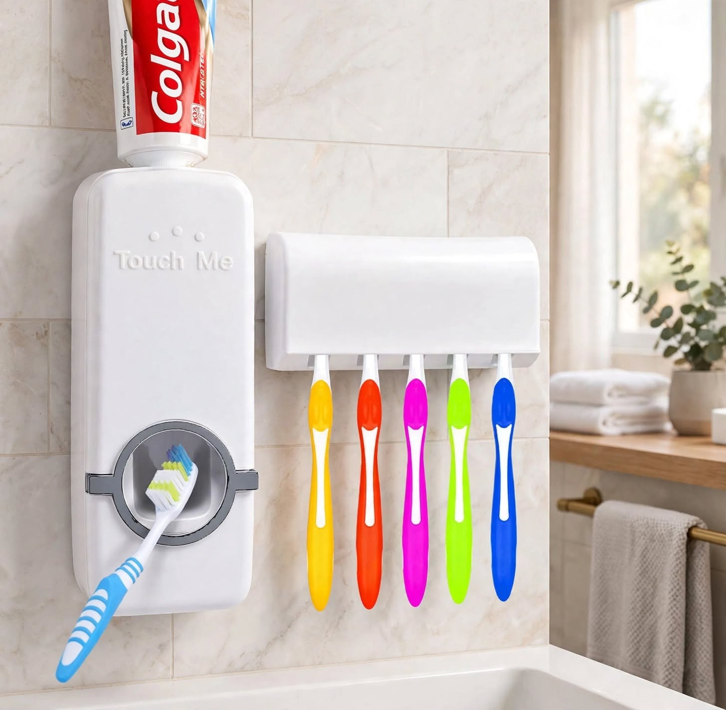 Toothpaste dispenser and toothbrush holder